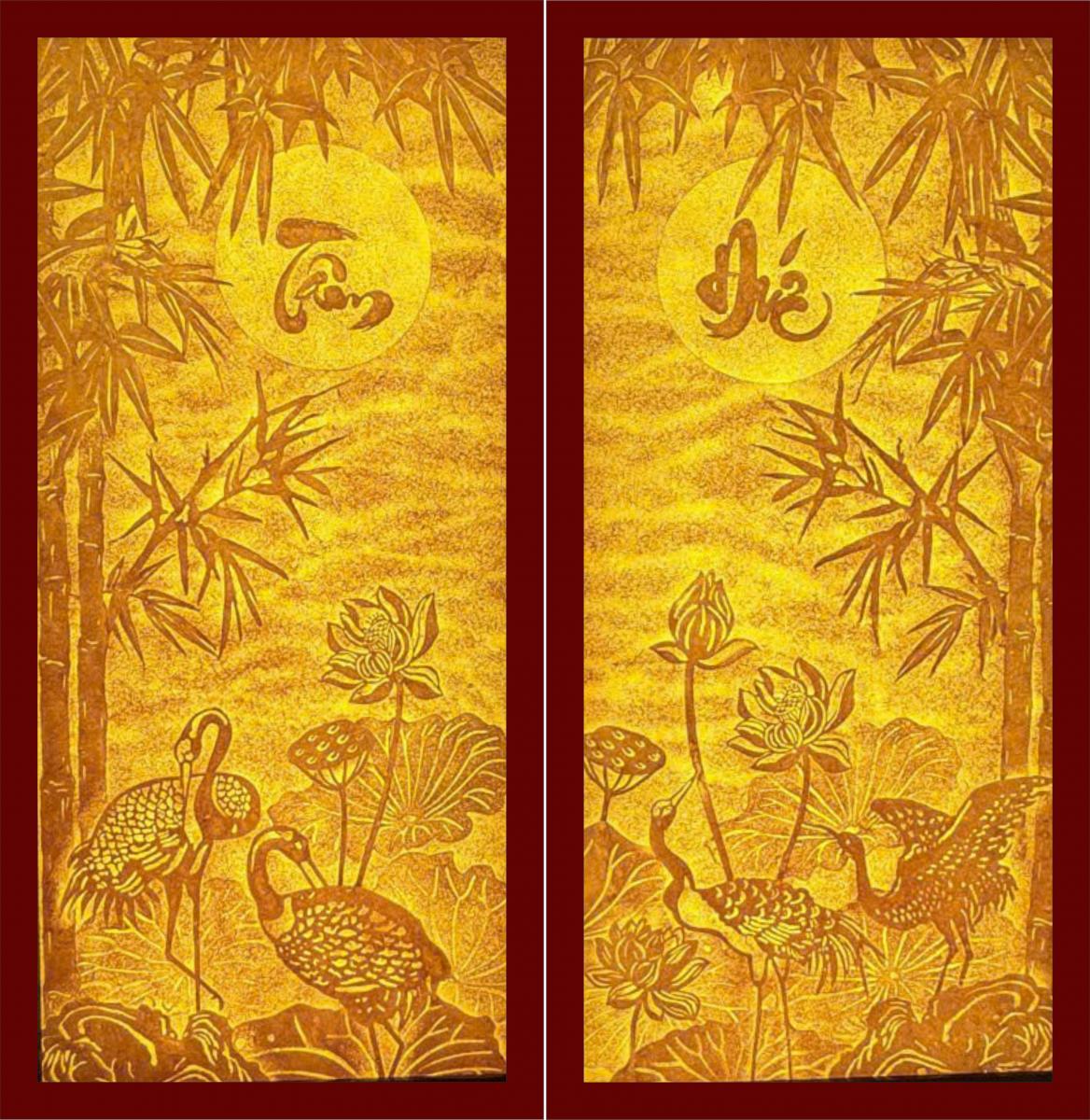 tranh trúc chỉ sen hạc